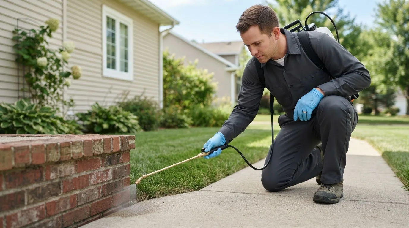 Pest control technician treating a home near Jourdanton, TX